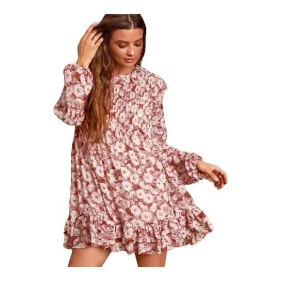Free People These Dreams Red Floral Print Pleated Long Sleeve Mini Dress Size XS - Picture 3 of 16
